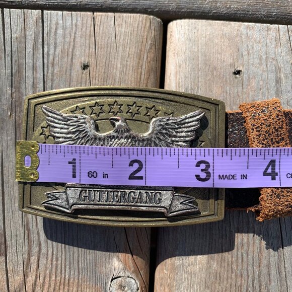 Vintage Y2K Distressed Brown Leather Brass Silver Eagle Buckle Waist Belt - Picture 14 of 16